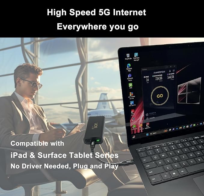 Tri Cascade VOS 5G Cellular Travel Internet, Qualcomm Snapdragon X55 5G Modem-RF Full 5G Spectrum System Global Access Supports macOS, iPadOS, Windows, Linux, USB C Dongle