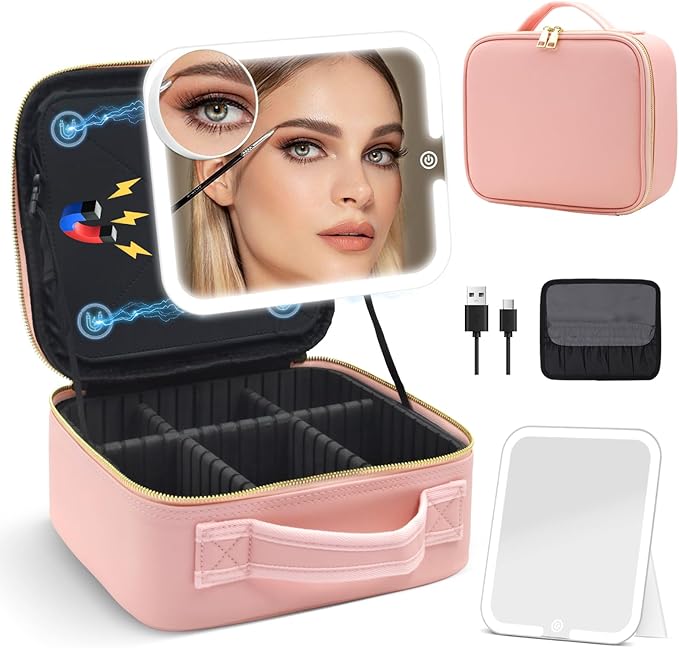Travel Makeup Bag with Magnetic Removable Lighted Mirror, Cosmetic Bag Organizer with Mirror 360° Angle, Tri-Color LED Lighted Makeup Case, Portable Makeup Travel Train Case with Adjustable Dividers