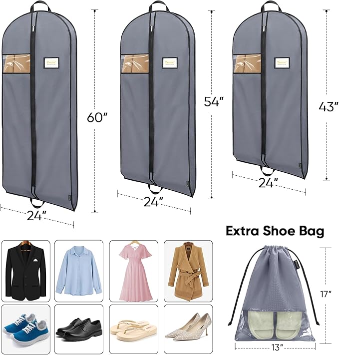 BALEINE 1PK Heavy Duty Garment Bag with Shoe Storage Travel Bag for Dresses, Suit, Coats Travel Essential (43", Grey)