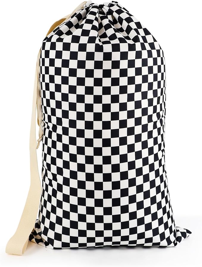 Laundry Bag, Dirty Backpack Laundry Bag For College Travel Laundromat Apartment, With Handles 29" X 18" (Black White Checkered)