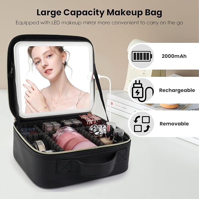 Travel Makeup Bag with LED Mirror and Light Travel Makeup Case Cosmetic Organizer Portable Cosmetic Brush Organizer Bag with Adjustable Dividers for Cosmetics Makeup Brushes Toiletry (Black)
