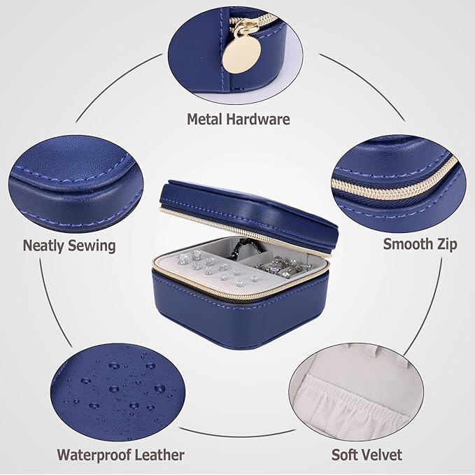 Travel Small Portable Mini Jewelry Case for collection Rings Necklaces Earrings and Lipstick Blue