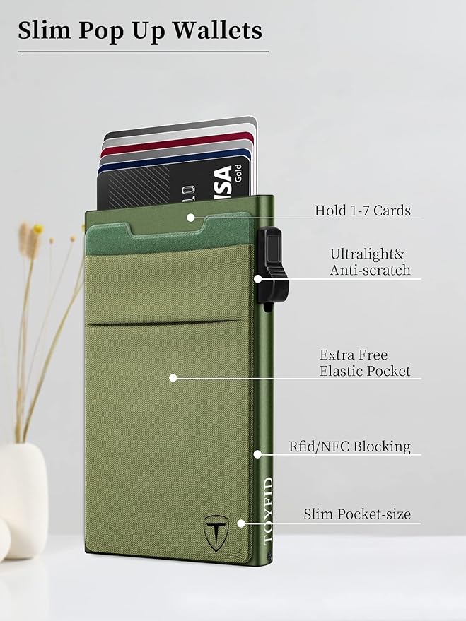 Slim Wallet for Men,Pop Up Credit Card Wallet Aluminum Minimalist RFID Blocking Smart Card Holder with Cash Slot for Front Pocket,6-12 Card Capacity, Green