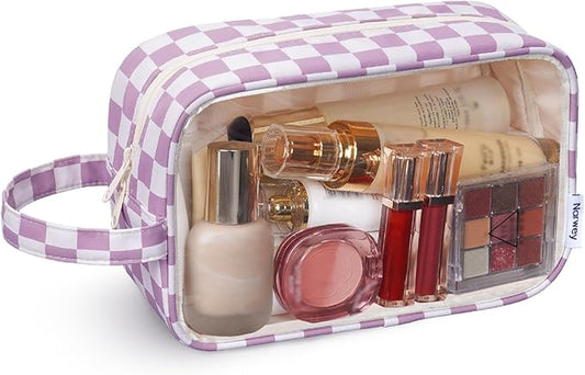 Narwey Clear Toiletry Bags for Traveling Women Men, Clear Travel Bags for Toiletries Makeup Bag Cosmetic Bag with Zipper, Make Up Organizer, Skincare Bag (Purple Checkerboard)