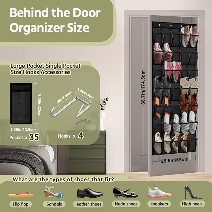 35 Pocket Over the Door Shoe Organizer,Reusable Breathable Large Mesh Bag Men's & Women's Sneaker Organizer,Shoe Organizer for Kids,Hanging Shoe Storage Hanging Bag (Black)
