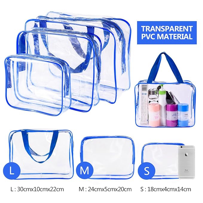 3Pcs Crystal Clear PVC Travel Toiletry Bag Kit for Women Men, Waterproof Vinyl Organizer Clear Makeup Bags with Zipper Handle Straps, Cosmetic Bag Pouch Carry on Airport Airline Compliant Bag Handbag