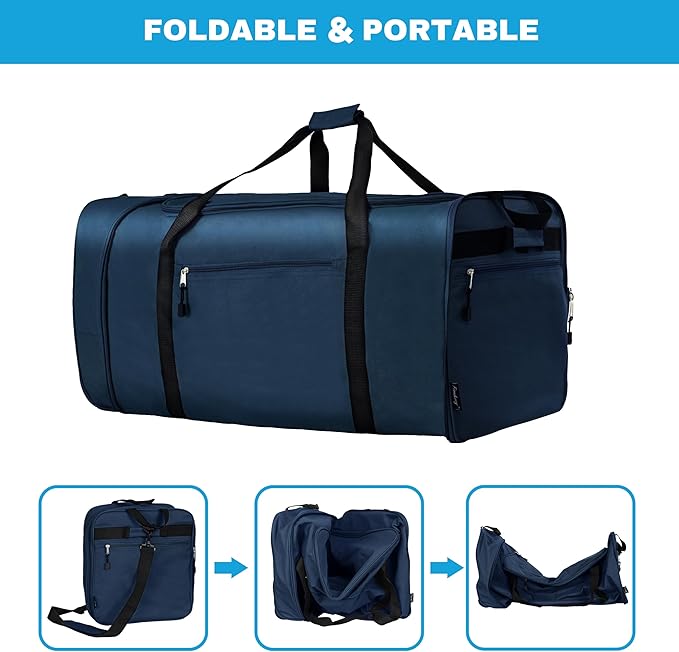 Finnhomy 100L Foldable Rolling Duffel Bag with 2 Wheels, Light Weight Travel Duffel bag with Large Loading Capacity, 32 inch Rolling Duffel bag with Shoulder Strap for Travel Camping Sports, Dark Blue