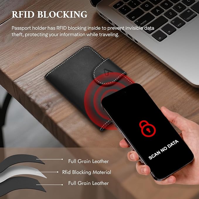 ALLIVE Passport Holder for Travel, Genuine Leather Passport Holder with AirTag Hidden Pocket, Rfid Blocking Passport Cover Travel Wallet for Women Men, Airport Essentials Gift (Black)