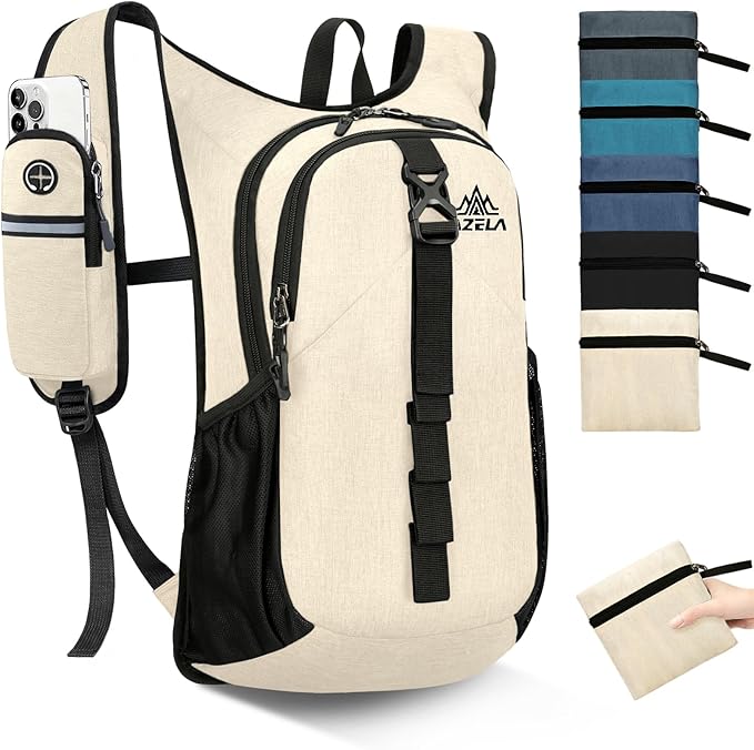 Seektop 15L Small Hiking Backpack for Women Men, Foldable Packable Backpack with Phone Pocket, Lightweight Travel Daypack for Hiking Camping Outdoor (Beige)