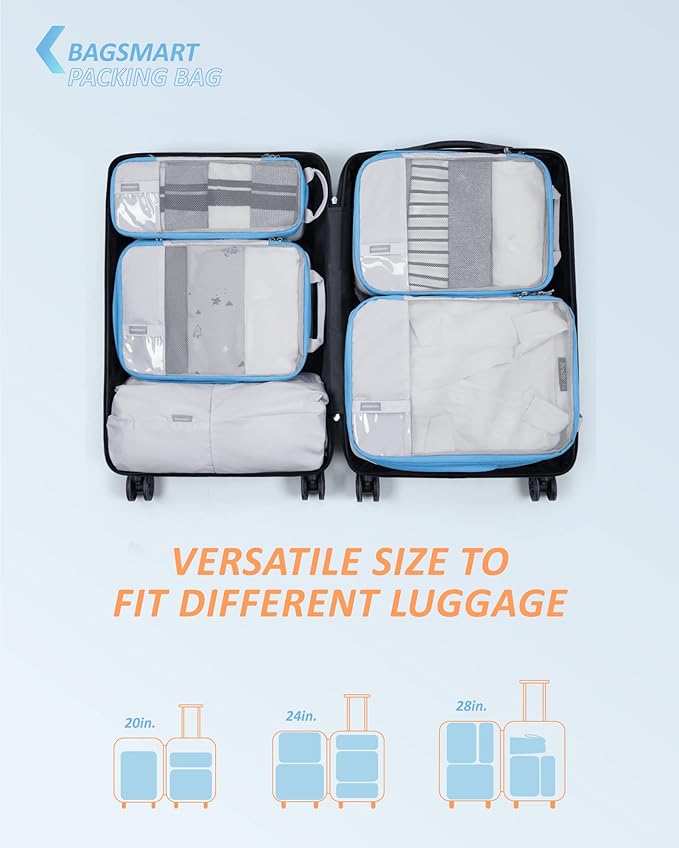 BAGSMART 6 Set Compression Packing Cubes - Lightweight Travel Essentials, Durable Luggage Organizer