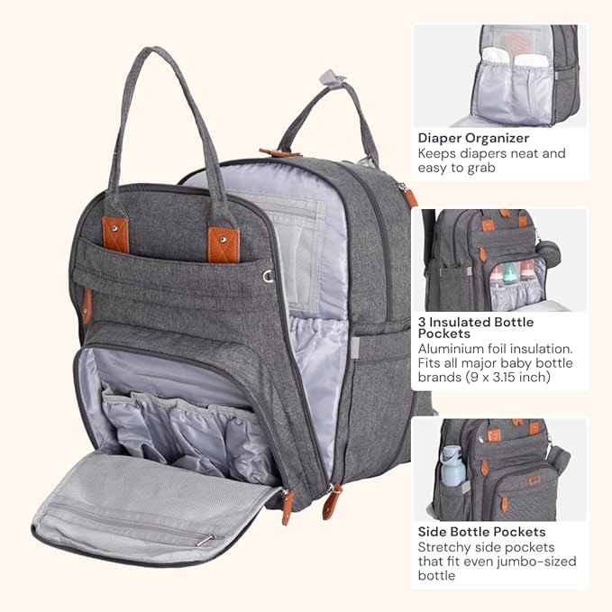 BabbleRoo Extra Large Diaper Bag Backpack, Expandable Baby Bag with Up to 50% More Capacity - Travel Essentials Baby Bag Tote with Changing Pad, Stroller Straps & Pacifier Case - Unisex, Dark Gray