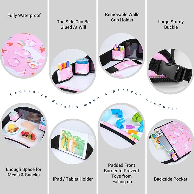 COOLBEBE Kids Travel Tray for Toddler Car Seat, Travel Tray for Airplane, Toddler Car Seat Lap Tray, Carseat Table Tray for Kids Travel Activities (Pink Unicorn -2PCS)