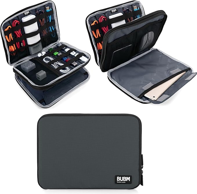 BUBM Double Layer Electronics Organizer, Travel Gadget Bag for Cables, Memory Cards, Flash Hard Drive and More, Fit for iPad or Tablet(up To 9.7")--Large, Gray