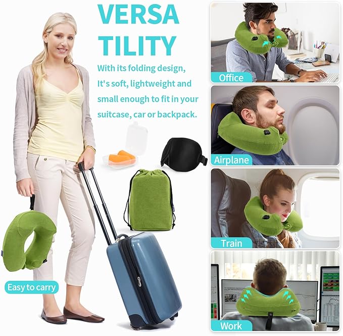 Inflatable Travel Neck Pillow for Airplane, Head Support Velvet Adult Neck Pillow for Long Flight, Kit with Eye Mask, Earplugs and Storage Bag,1, Green