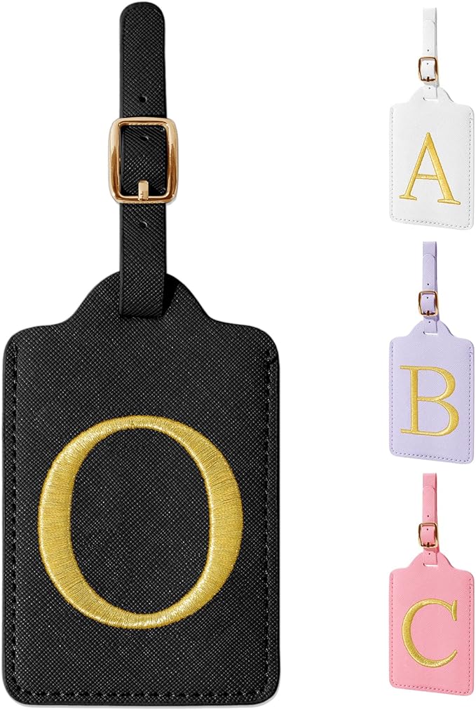 Personalized Initial Luggage Tags for Suitcase TSA Approved, Black Leather Cute Luggage Tag with Privacy Cover Name Card, Embroidered Custom Luggage Tags Travel Backpack Tags Gifts for Women Kids(O)