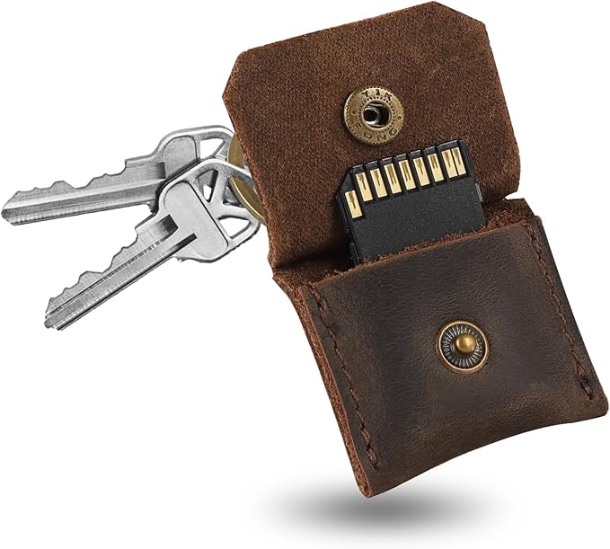 Jack&Chris Genuine Leather SD Card Holder Keychain, Anti-Shock Anti-Dust SD Card Case, Portable Camera Accessories for SD CF CFexpress Micro SD Nano SIM and Micro SIM Cards, Coffee