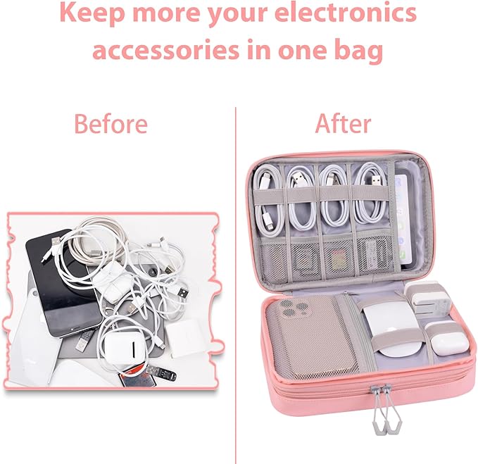 DDgro Electornics Travel Organizer Case for Cable/Cords/Charger/Tech Accessories, Large Pouch Bag for Woman (Pink, PU-Large)