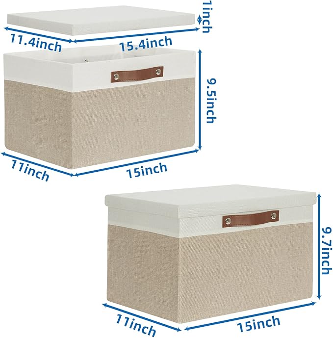 Temary Foldable Storage Bins with Lids, [2-Pack] Large Storage Baskets with Lid, Fabric Storage Bin for Organizing Home (White & Khaki, 15x11x9.5inch)