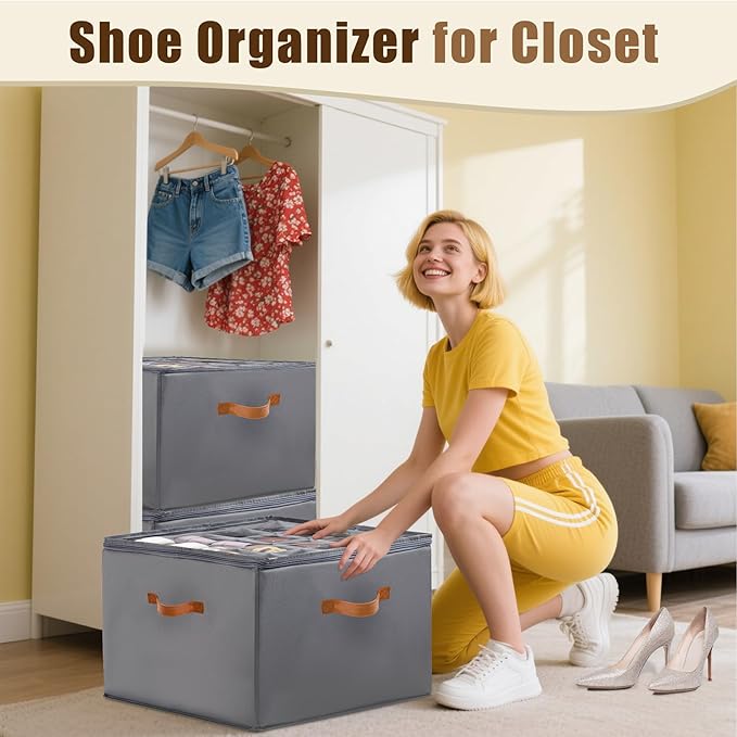 Shoe Organizer for Closet, Fits up to 16 Pairs Shoe Storage, Clear Foldable Shoe Containers Boxes Bins Baskets with Adjustable Dividers and Clear Cover Grey