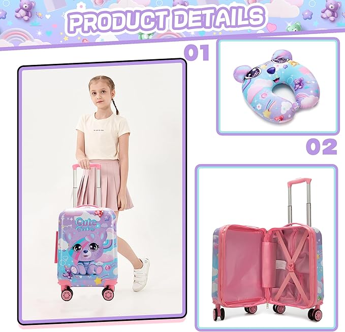 Kids Suitcase Set for Girls Hardside Luggage with Spinner Wheels 2 Piece 16inch Toddler Suitcase for Girls Travel Carry on Luggage Airline Approved