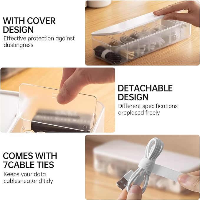 Cable Organizer Storage Box with 7 Wire Ties,Desktop Cable Management Box with Lid,Power Cord Organizer with 7 Compartments for Office,Home,Desk Accessories Storage Stationery Supplies White