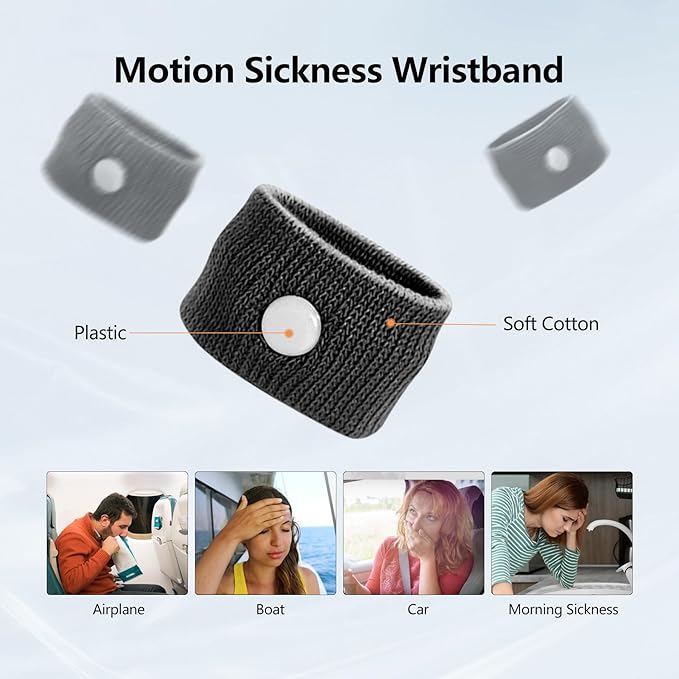 Motion Sickness Wristband, Anti-Nausea Acupressure Wrist Band for Nausea Relief, Dizziness and Vomiting from Car Sea Boat Flying Travel Sickness for Adults and Kids (Black, Large, 2 Pairs)