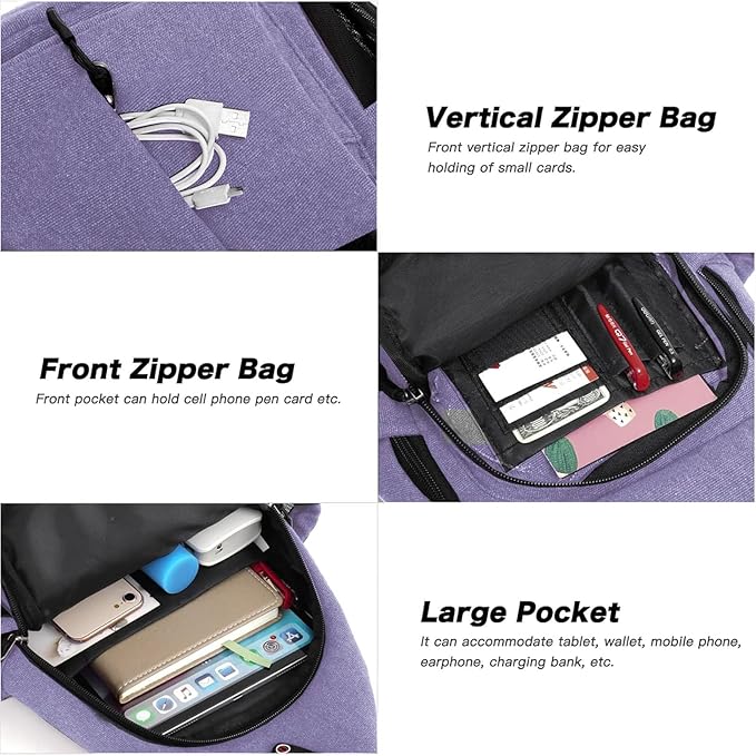 MOSISO Sling Backpack,Canvas Crossbody Hiking Daypack Bag with Anti-theft Pocket, Lilac