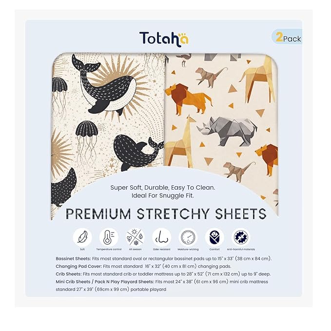 TotAha Premium Stretchy Crib Sheets (2-Pack)-Hypoallergenic, Silky Comfort, Buttery Soft, Calming Effect, All-Season Jersey-Knit Sheets, 9'' Extra Deep Pocket, Zoo Safari & Sea Animals