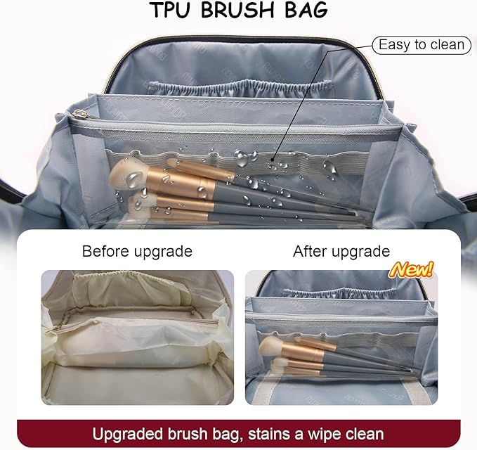 Travel Makeup Bag Organizer Cosmetic Bag: 3 Pcs Set Make up Bags for Women with Handle - Waterproof Vegan Leather Toiletry Bags with Comparments (C-11-Red)