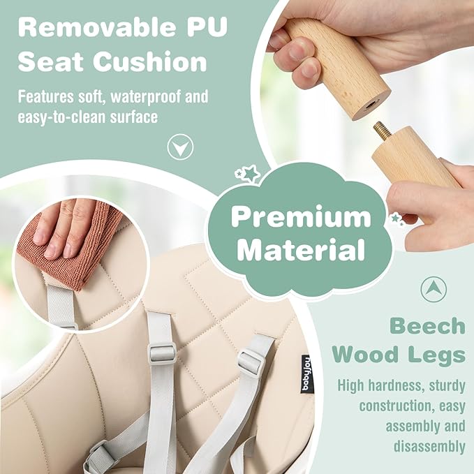 BABY JOY High Chair, 6 in 1 Convertible Wooden Highchair for Babies & Toddlers with Adjustable Legs, Double Removable Tray, Safety Harness & Waterproof PU Cushion (Beige)