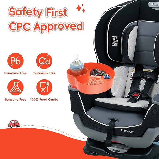 [2 Packs] Kids Car Seat Tray, Travel Tray with Cup Holder for Toddler Baby, Kids Car Seat Food Snack Organizer for Road Trip, Stroller snack Organizer Travel Must Haves Toddler Must Haves (Orange)