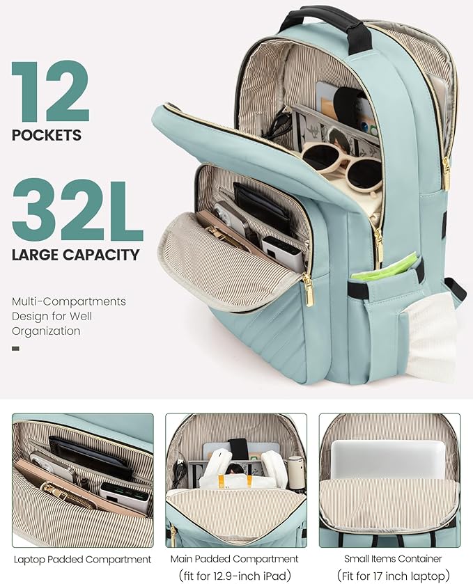 LOVEVOOK Laptop Backpack for Women, Travel Computer Work Bags with 17-inch Laptop Compartment, College School Student Bag Teen Backpacks For Girls, Outdoor Carry On Backpack Purse, Mint Green