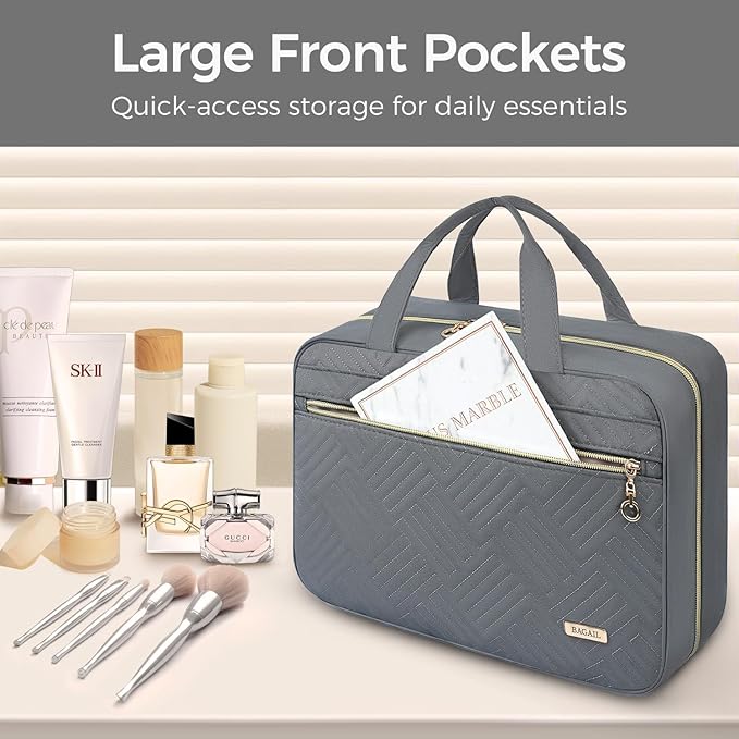 BAGAIL Hanging Toiletry Bag for Women Water-resistant Cosmetic Bag Large Capacity Travel Makeup Organizer for Full-Sized Travel Essentials(Classic+Jewelry Bag, Grey)