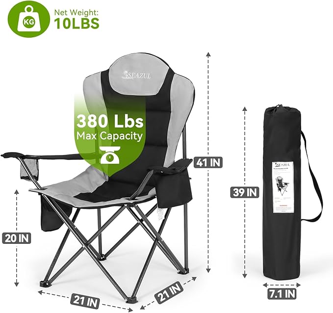 Camping Chairs 2 Pack, Camp Chair for Adults, Folding Chairs for Outside, Support 380 LBS, Portable Travel Lawn Outdoor Camping Chairs with Cup Holder & Cooler Bag, Sports Chairs for Baseball