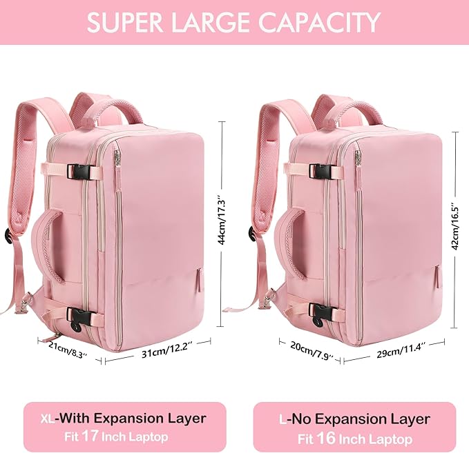 Beraliy Travel Backpack for Women, Airline Approved Bag, Carry On Waterproof Hiking Backpack, 16 inch Laptop Backpack, Overnight Bag, Pink