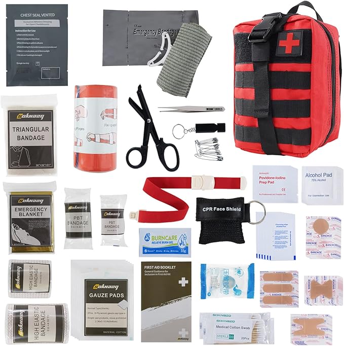 IFAK Trauma Kit, Molle Pouch Emergency Survival Kit, 6” Israeli Straps, Chest Seal Vented, Self-Adhesive Elastic Bandage, for Wound Care(Red)
