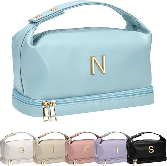 Cute Gifts for Women, Personalized Makeup Bag with Handle, Initial Double Layer Cosmetic Bag with Makeup Brush Organizer, Teacher Appreciation Gifts for Women, Gifts for Friends Female Mom