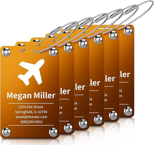6 Pack Personalized Luggage Tags for Suitcases, Handmade Engraved Stainless Steel Custom Luggage Tags for Cruise Travel with Stainless Loop, Suitcase Identifier Metal Name Baggage Tag