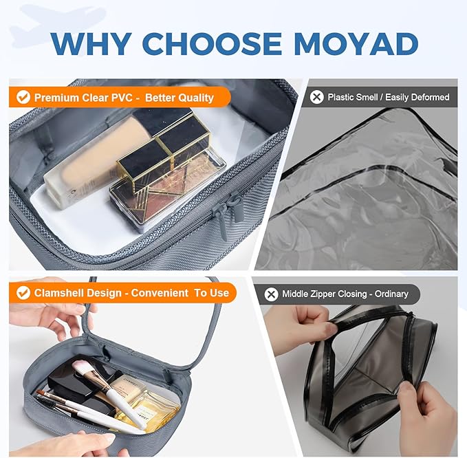 Moyad TSA Approved Clear Toiletry Bag, 3 Pack Quart Size 3-1-1 Liquids Pouch for Travel, Transparent Makeup & Cosmetic Organizer for Women Men, Grey