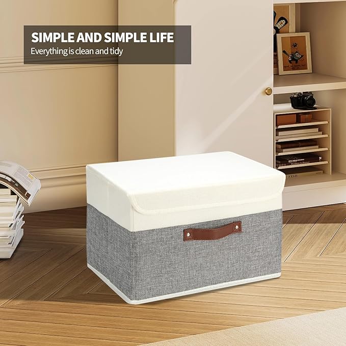 8 Pack Storage Bins Foldable Storage Boxes Fabric Storage Box with Lid & Handle Large Washable Organizer Bulk for Office, Home, Books, Clothes, Bedroom, Closet, (15INx10INx10IN White/Grey)