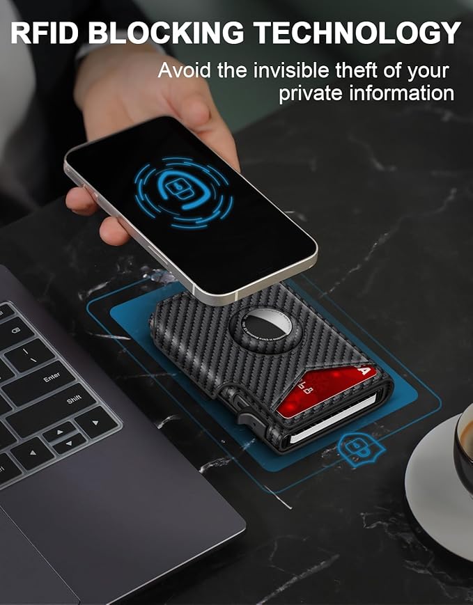 Airtag Wallet for Men, Minimalist Slim Mens Wallet Smart Pop Up Credit Card Holder for 9-13 Cards, RFID Blocking Wallet with ID Window & Cash Slot, Compact Bifold Metal Aluminum Card Case