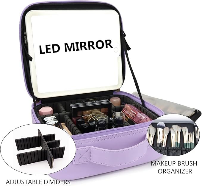 Travel Makeup Bag with LED Mirror Travel Makeup Organizer with 3 Lighted Settings, Adjustable Dividers and Makeup Brush Storage Bag Purple