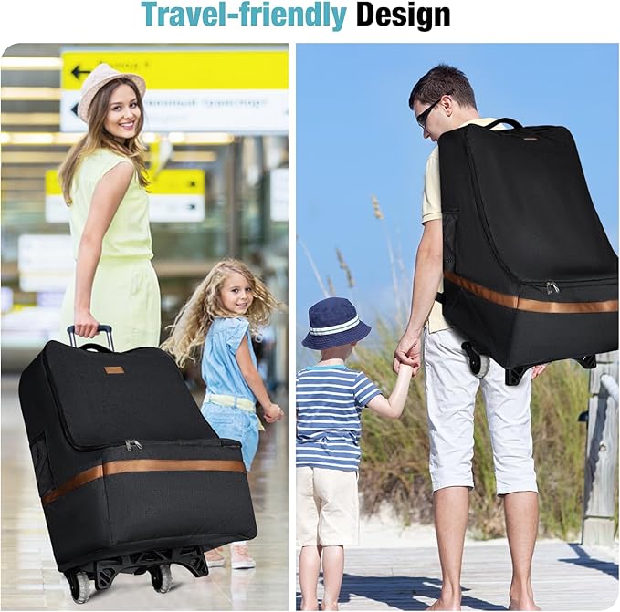 Padded Car Seat Travel Bag for Airplane with Wheels, Heavy Duty Carseat Bags for Air Travel, Rolling Gate Check Backpack and Dolly Carrier, Storage for Baby Essentials, Black