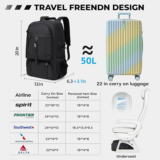 17.3 Inch gym backpack with shoe compartment,50L Multiple Compartments Backpacks, Airline Approved Carry on Travel Daypack Anti Theft with USB Charging Port,for Men Women Travel Work Business