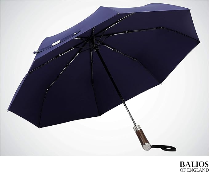 Balios (Designed in UK) Travel Umbrella Luxurious Golden Hardwood Handle Auto Open & Close Windproof Frame Single Canopy Automatic Folding Umbrella Men's & Ladies