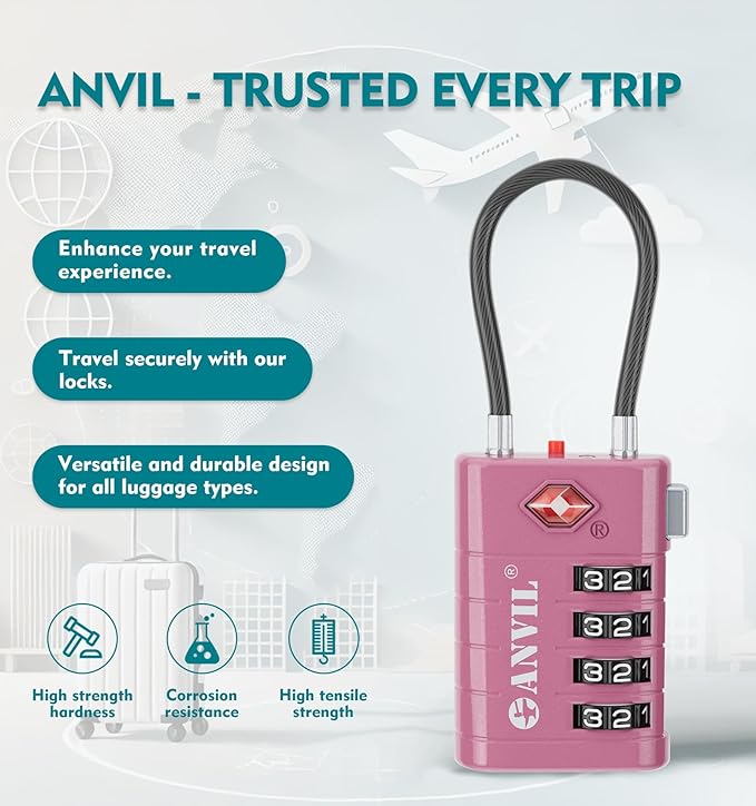 ANVIL 4 Digit Luggage Locks, TSA Locks for Luggage, Advanced TSA008 core, Alert Indicator for Your Travel Lock, Suitcase Lock. (4, Rose Purple)