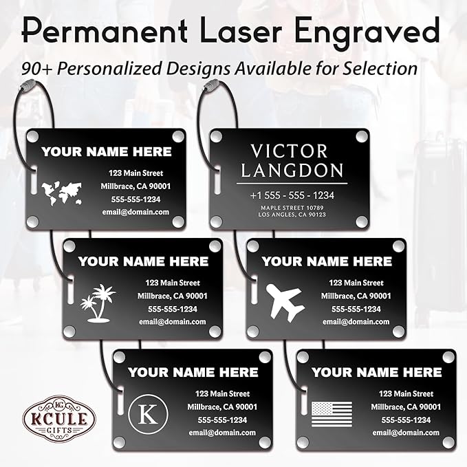 Personalized Luggage Tags: Custom Metal Luggage Tags for Suitcases, Backpacks and Bags with Your Personalized Text (Black)