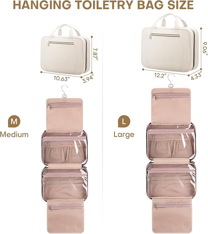 Hanging Toiletry Bag for Women Travel, 2 Sizes Large & Small Waterproof Cosmetic Organizer with 4 Compartments, Rotating Hook, Foldable Pink Travel Bag for Toiletries & Makeup - Medium Beige