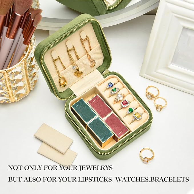 Travel Jewelry Case, Small Plush Velvet Jewelry Box for Women and Girls, Portable Jewelry holder organizer for Rings Earrings Necklaces Bracelets(Avocado Green)