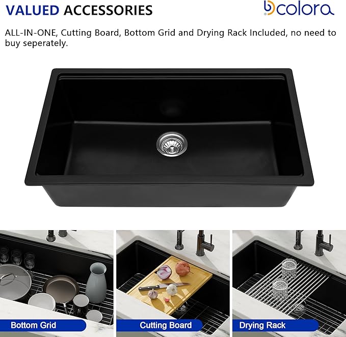 Dcolora 32 inches Granite Composite Kitchen Sink Workstation Black Undermount Single Bowl Large Kitchen Sink 32"W x 19"D x 10"H, DC-GU7741